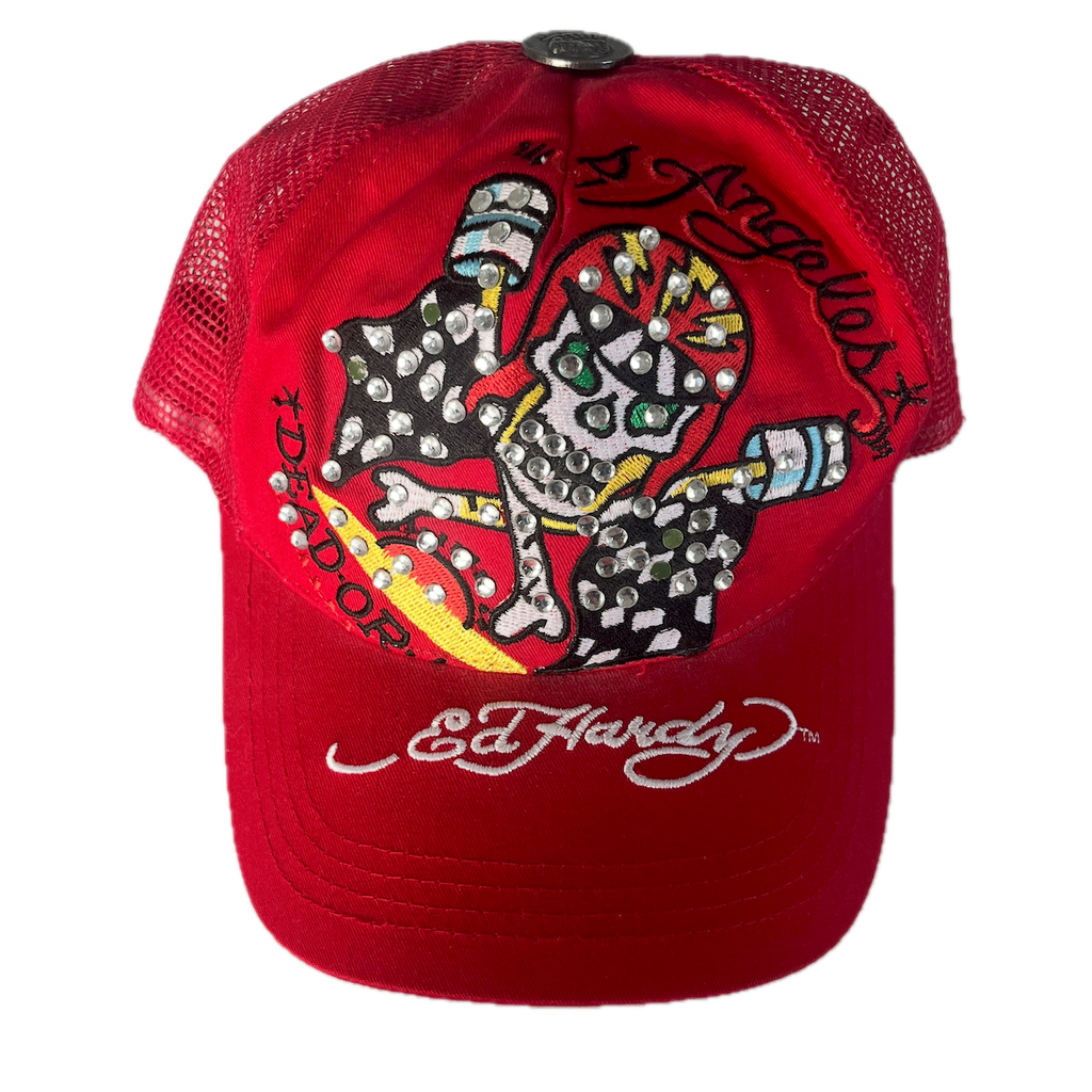 Ed Hardy Cap Rot Totenkopf und Flagge Glitzer